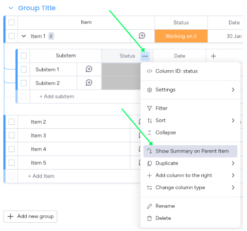 Create Subitmes Summary Column