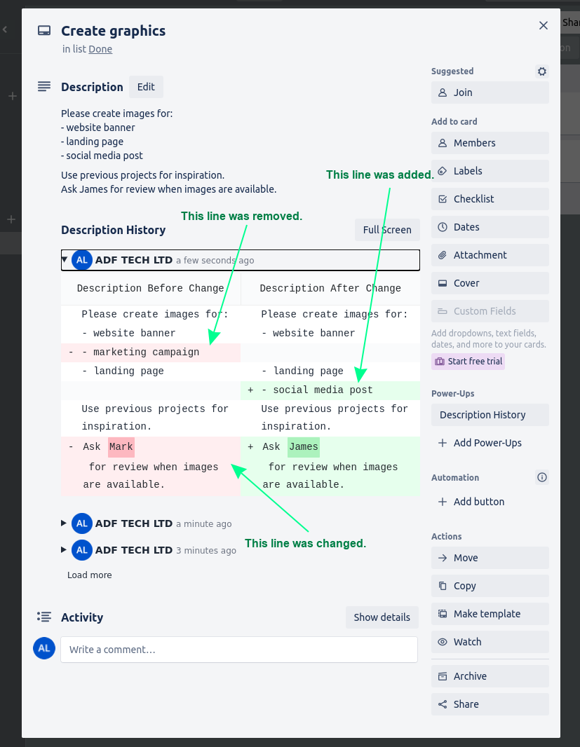 Description History changes view