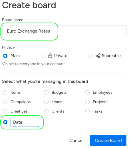 Create Euro Exchange Rates board